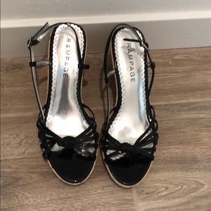 Black patent leather wedges